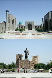 ご参考：サマルカンドのレギスタン広場（上）とシャフリサーブスのティムール像（下）